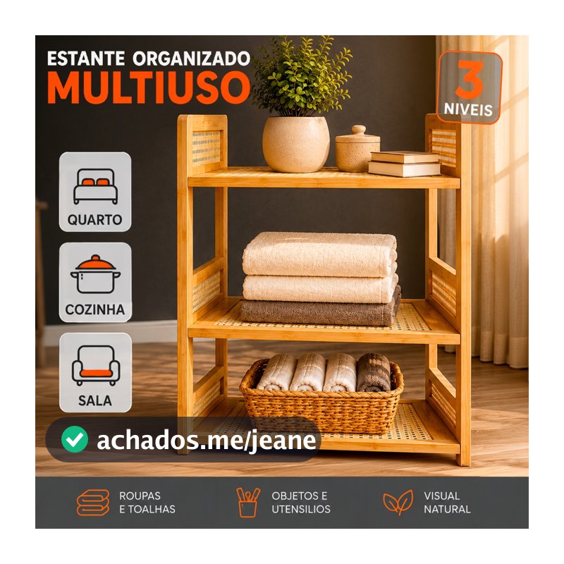 Estante Organizadora Multiuso de Bambu 3 Andares para Quarto, Banheiro, Cozinha e Sala