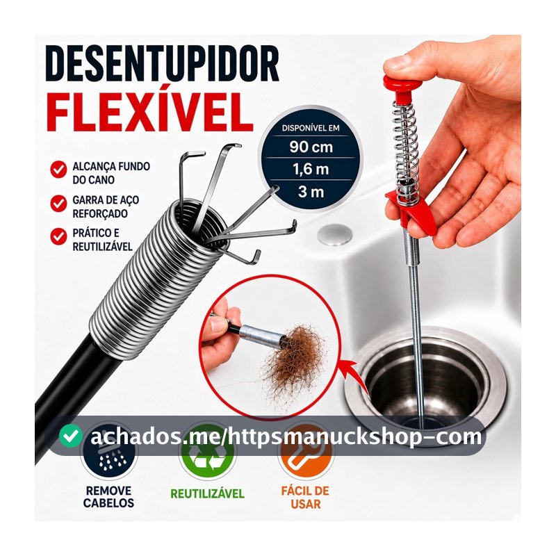 Desentupidor de Ralo Flexível 1,6m e 3m com Garra Remove Cabelo Pia Banheiro Cozinha Canos
