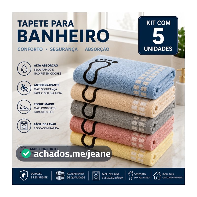 Kit 5 Tapete De Banheiro Pezinho 45x70cm Piso Luxo Atoalhado 100% Algodão Premium