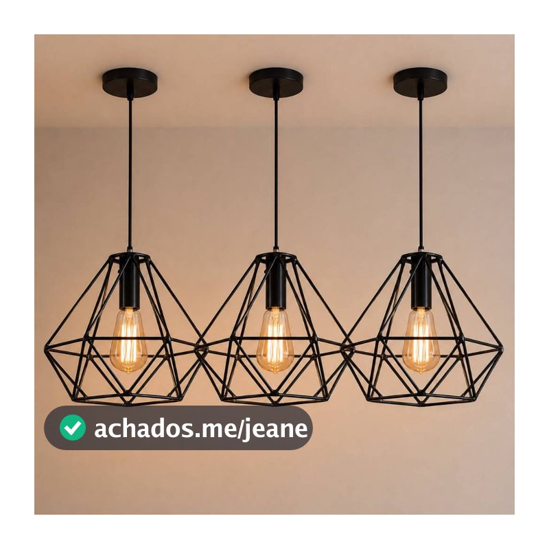Kit 3 Lustres Pendente Aramado Diamante Dourado E27 Decoração Moderna Sala Cozinha Quarto