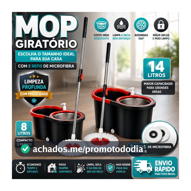 Mop C/ cabo de 140 cm + 2 Refis - Rodinhas e Cesto Em Inox - Balde Centrífuga - CH