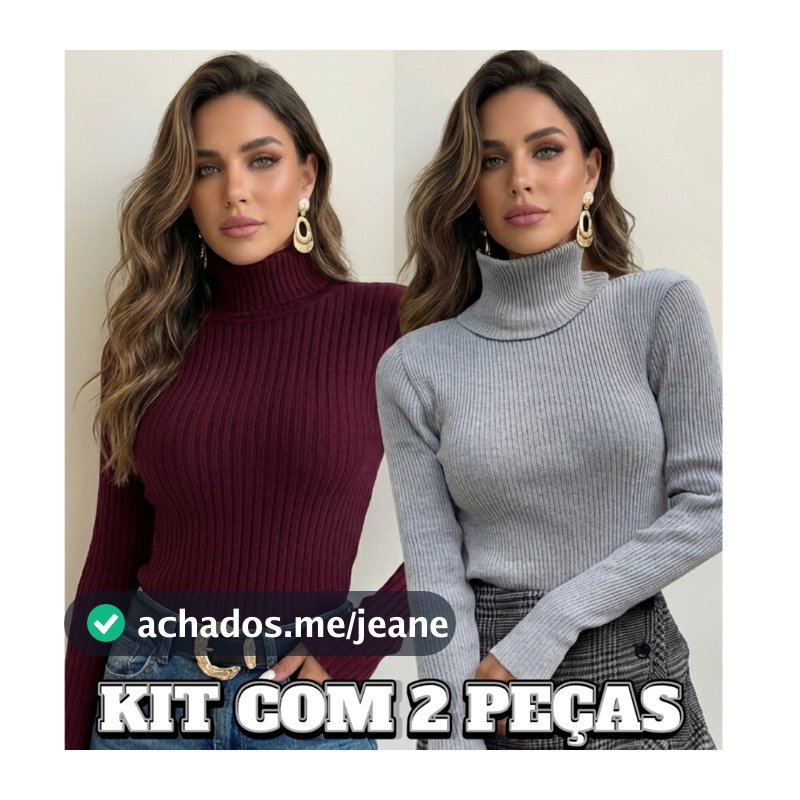 Kit 2 Blusas Feminina Cacharrel Tricô Básica Suéter Gola Alta Manga Longa Tricot