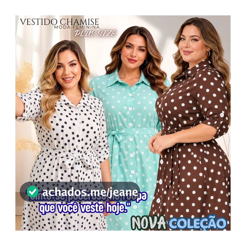 Vestido Chamise Plus Size Feminino Estampa Poá Manga 3/4 com Cintura e Botões