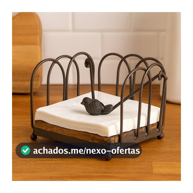 Porta Guardanapo Quadrado Pequeno com Passarinho em Ferro Marrom Decoração para Mesa Farmhouse