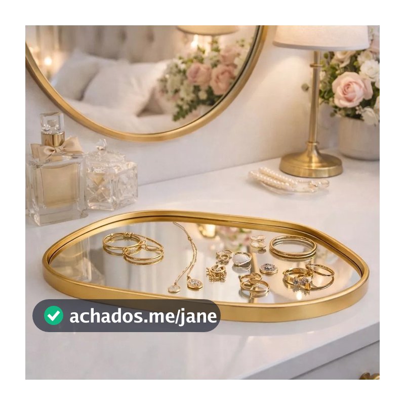 BANDEJA DECORATIVA ESPELHADA FORMATO ORGÂNICO MULTIUSO BANHEIRO LAVABO SALA PRETO DOURADO ESPELHO ORGÂNICO