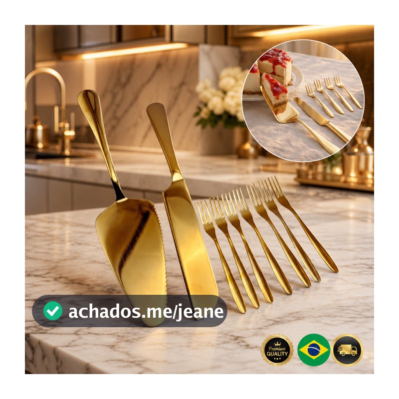 Jogo Talheres Dourados Para Bolo e Sobremesa – 8 Peças Luxo Inox