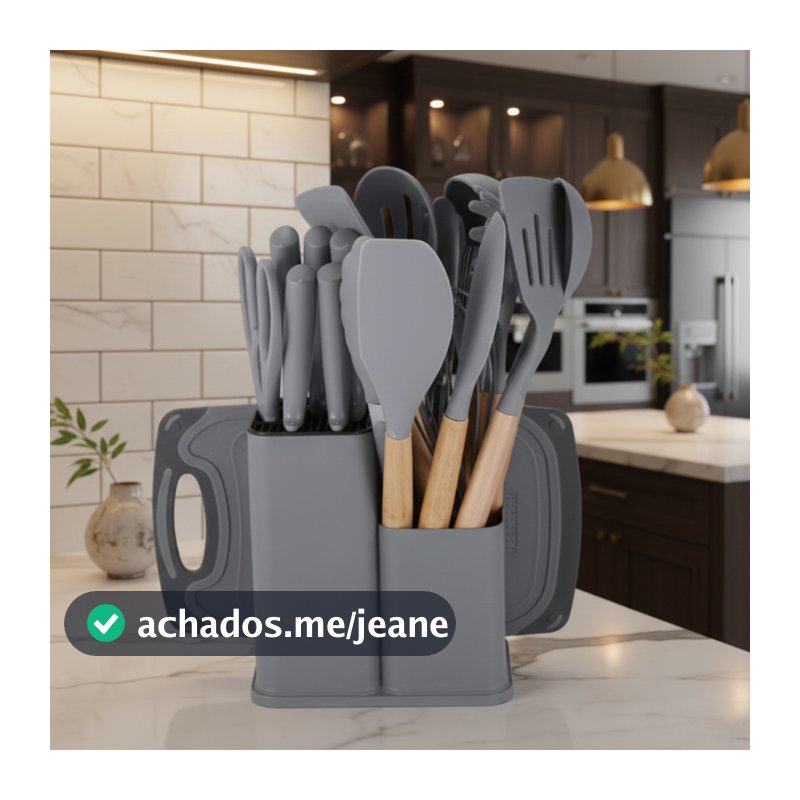 Kit 19 Peças Jogo de Utensílios Para Cozinha em Silicone Com Cabo de Madeira Completo
