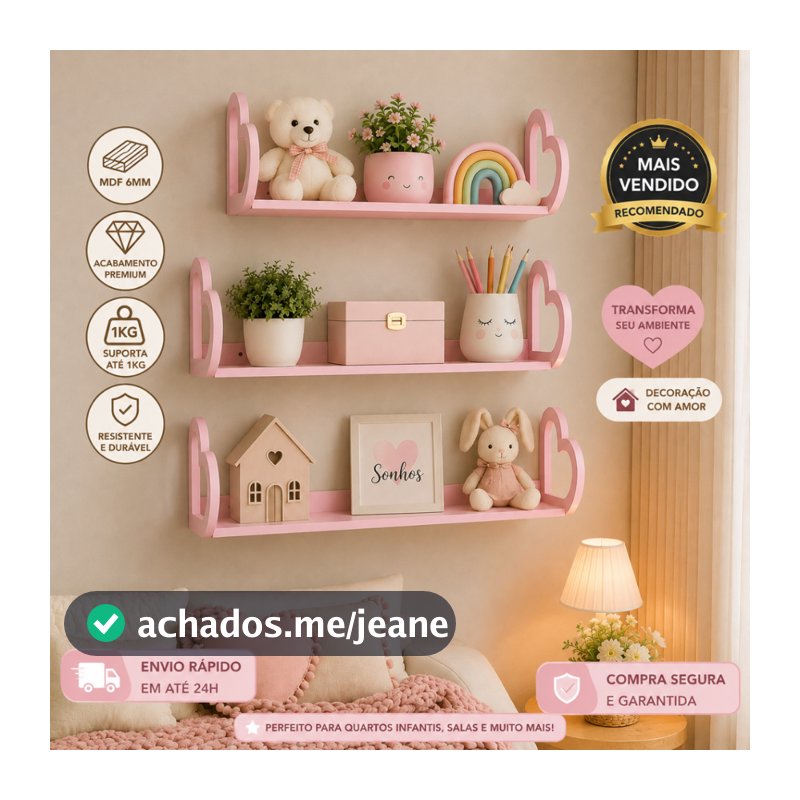 Kit 3 Prateleiras Alças Corações Decoração Quarto Infantil
