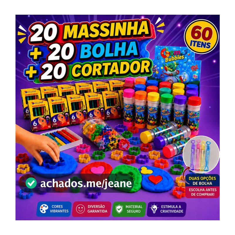 Kit c/até 20Cx Massinha de Modelar + 20 Bolha de Sabão + 20 Cortador Molde Lembrancinha Infantil