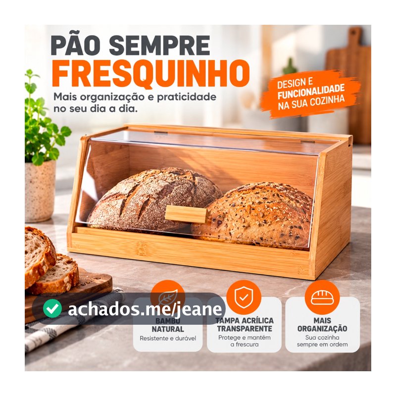 Porta Pão Bambu com Tampa Acrílica Transparente Premium