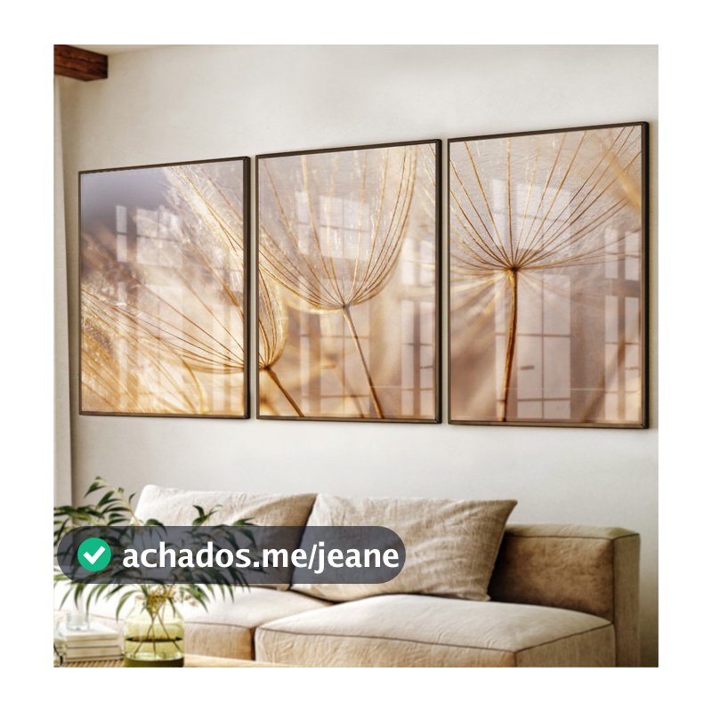 Quadro Dente De Leão Com Moldura Trio De Quadros Decorativos Para Sala Quadro Quarto Casal Dourado