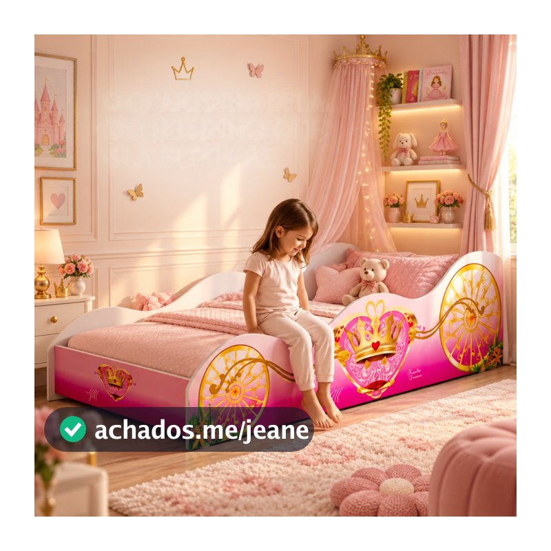 Cama Princesa Carruagem Infantil Com Colchão Feminina Menina em MDF Adesivada com Personagens Divertidos Colchão Incluso