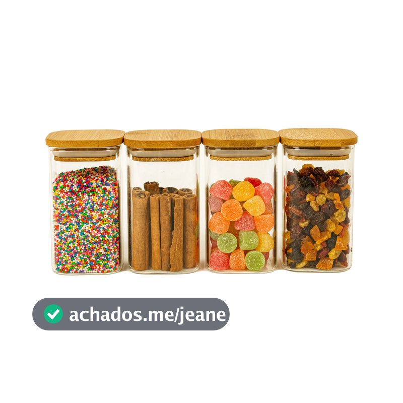 Kit 4 Potes de Vidro Tampa Bambu Quadrado Flat 250ml Oikos