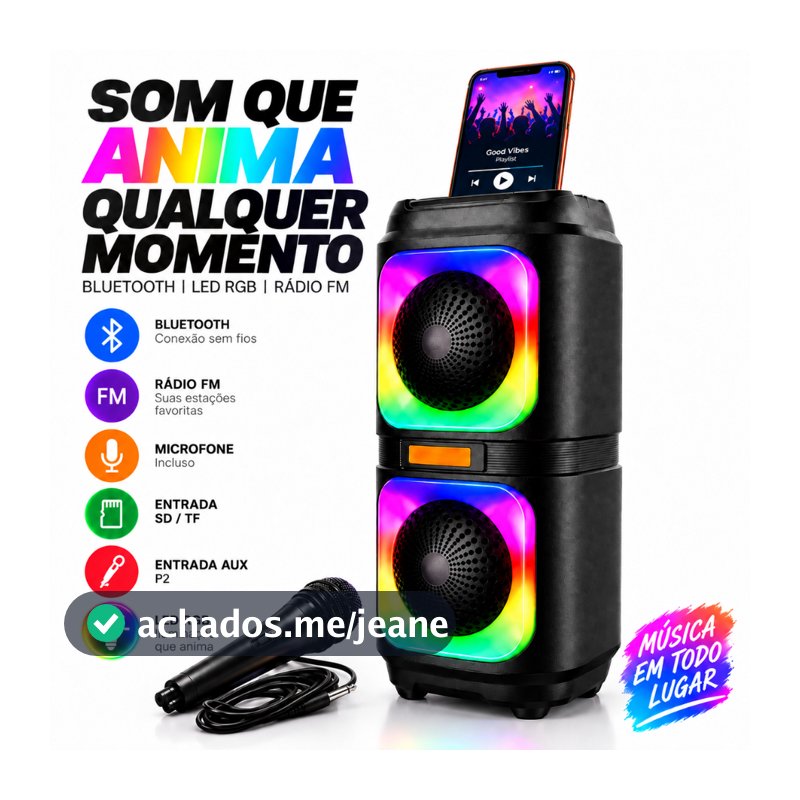 Caixa de Som Bluetooth 4" Dupla LED RGB Karaokê FM USB TF com Microfone GTS-2133 Qualidade Premium