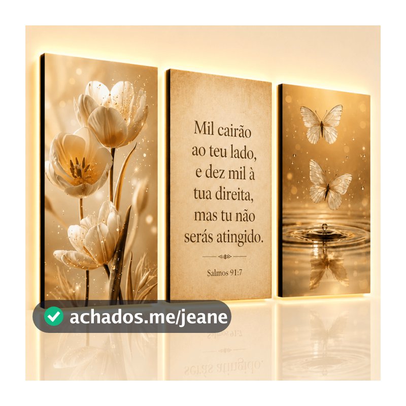 Kit 3 Quadros Decorativos Salmo 91:7 Mil Cairão Borboletas Flores Douradas Cristão Sala