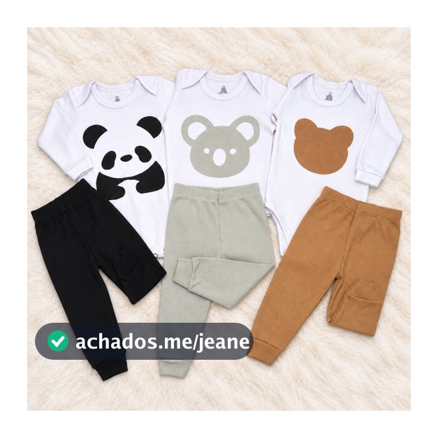 Kit 6 Peças Body + Calça Bebê Suedine 100% Algodão Panda, Coala e Urso RN P M G GG | Closet Infantil