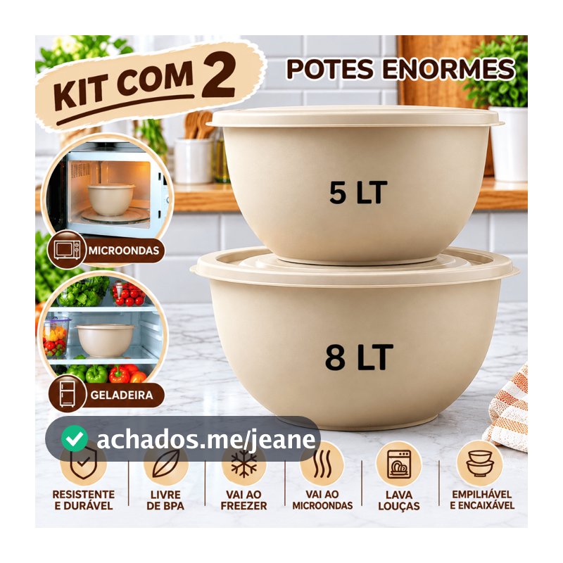 Kit 2 Bowl Redondo Potes Gigante  8L+5L com Tampa na cor do Pote Hermética, Saladeira Tijela cozinha