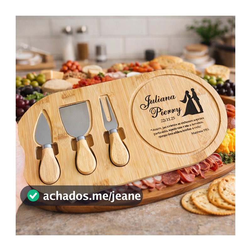 Kit Petisqueira em bambu com 3 utensílios Minimalista Personalizada com foto e nome