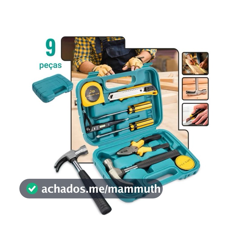 Kit Maleta Estojo Ferramentas 9 Peças Portátil Martelo Alicate Chave de Fenda Trena Estilete