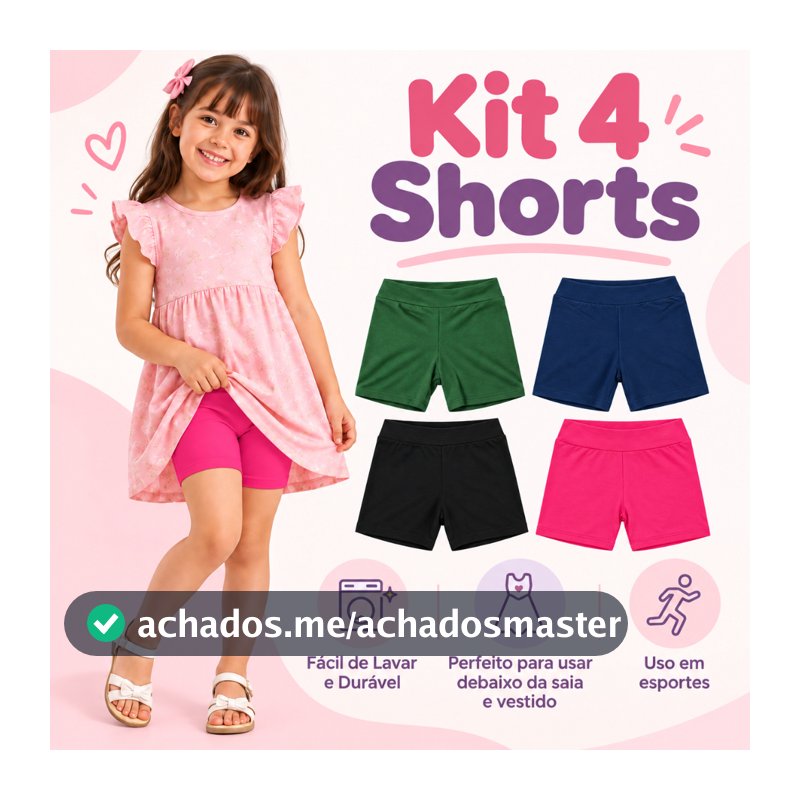 Kit 4 Shorts Menina Infantil Básico Confortável Para Usar Debaixo da Saia e Vestido 2 ao 12 Segunda pele