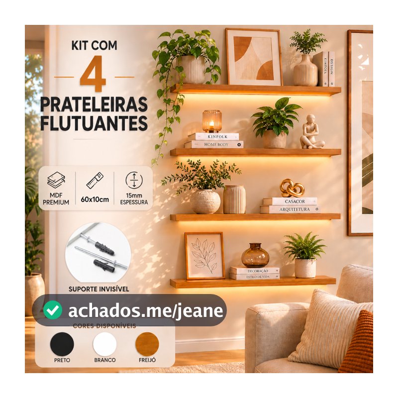Kit 4 Prateleiras Flutuantes MDF 60x10 Suporte Invisível Nicho Decorativo Sala Quarto Cozinha Escritório