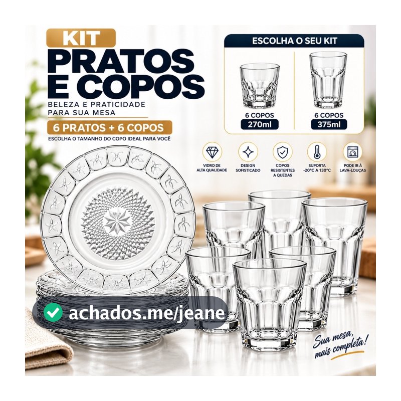 Kit 6 Pratos de Vidro + 6 Copos 270ml ou 375ml Jogo de Jantar Mesa Posta Resistente