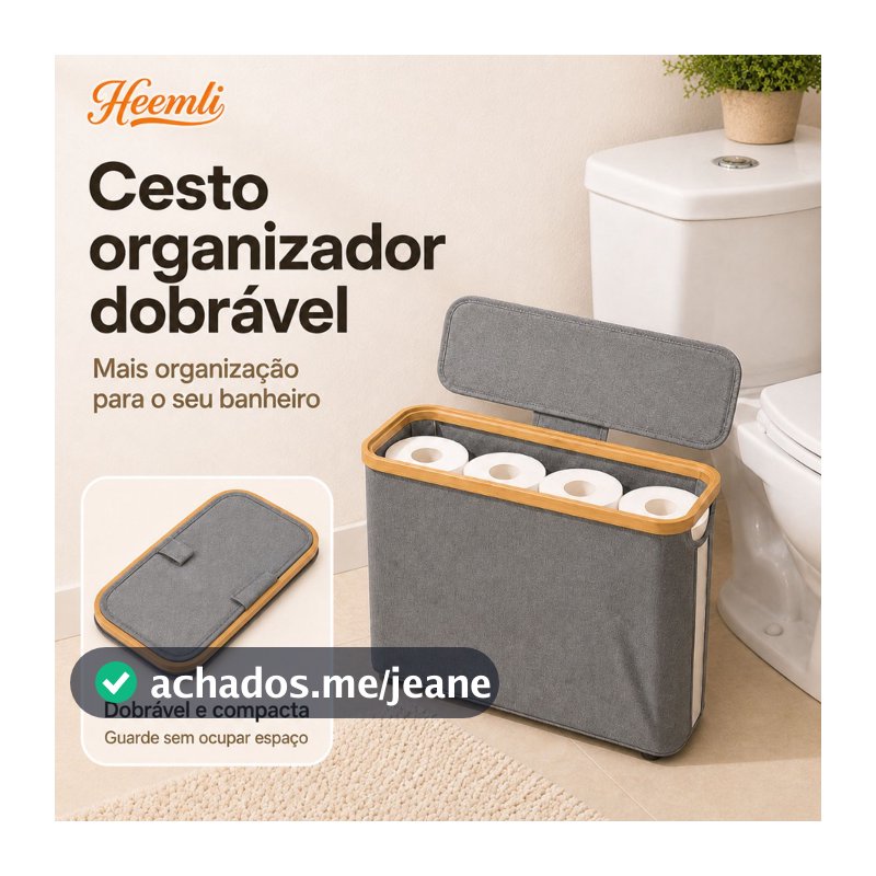 Cesto Organizador Dobrável com Tampa e Visor para Banheiro Quarto Guarda Roupa Heemli