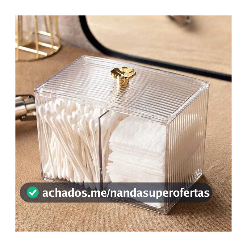 Organizador De Cosméticos Multiuso Porta Algodão Cotonete Duplo Com Tampa Dourada Acrílico Resistente