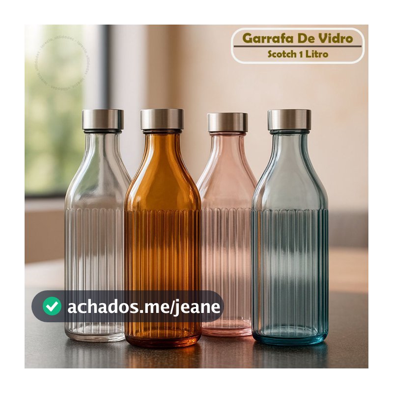 Kit 1/2 Garrafas De Vidro Scotch 1 Litro Quadrada Canelada Tampa Inox Decoração Agua Suco Colorida