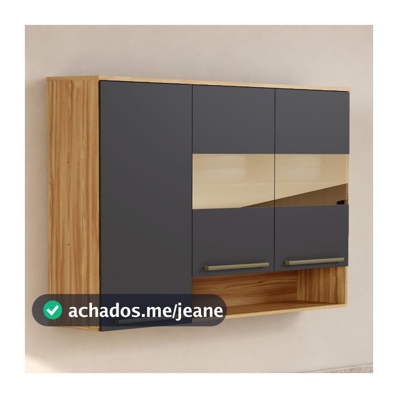Armário Aéreo de Cozinha 120cm com 3 Portas Vidro Reflecta e Nicho 100% MDF Itália Espresso Móveis