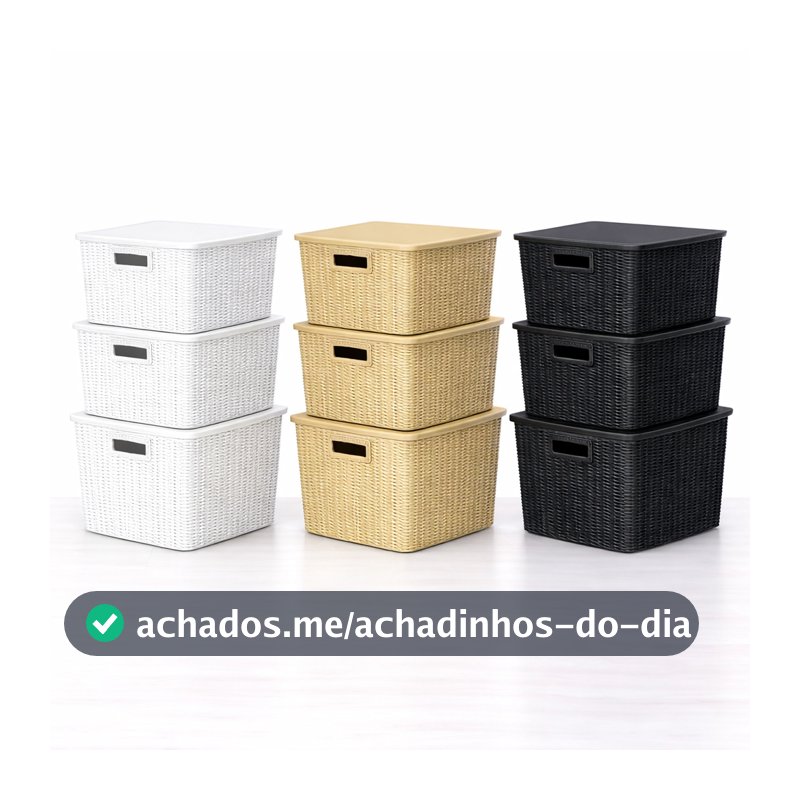 Kit 3 Caixa Organizadora Brinquedo Cesto Tampa Alça Empilhável Grande 20 L Rattan