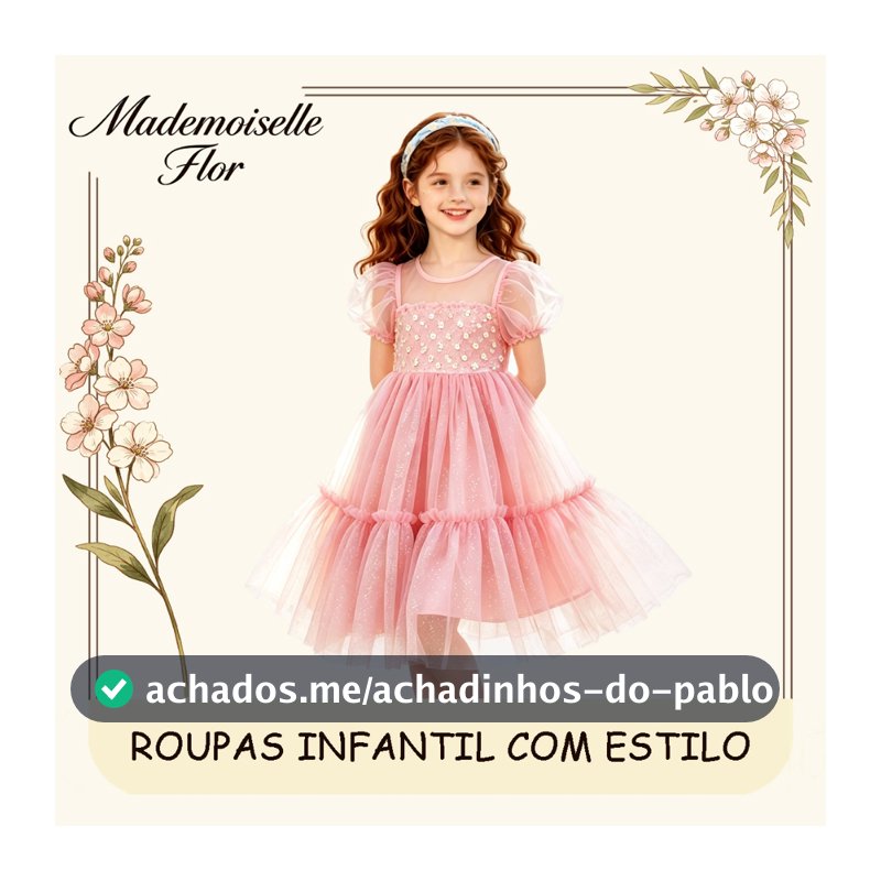 Vestido de Menina Infantil Rosa Tule com Brilho Rodado Manga Bufante Casual Passeio Festa Aniversário