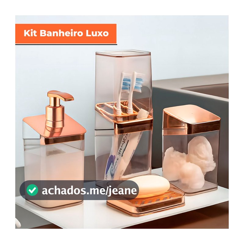 Kit Banheiro Luxo Lavabo Porta Sabonete Sabão Líquido Algodão Escova de Dentes Rose Gold
