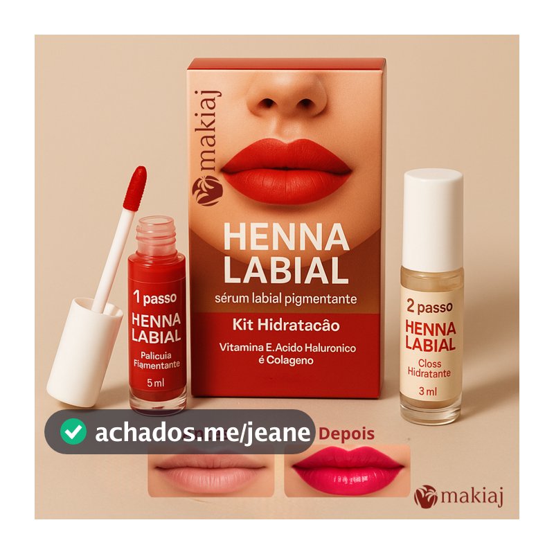 Henna Labial Pigmentante Makiaj Rosa e Vermelha Com Colágeno e Ácido Hialurônico Rejuvenescedor