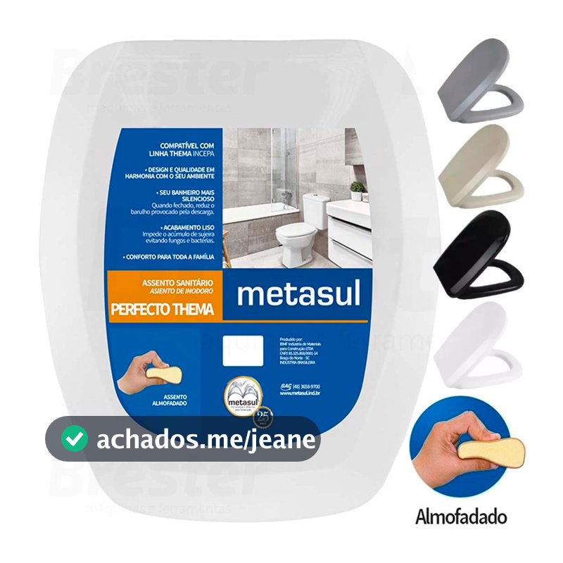 Assento Sanitário Almofadado Retangular Metasul Original 1.6gpf/6lpf Tampa Vaso Thema Valentina