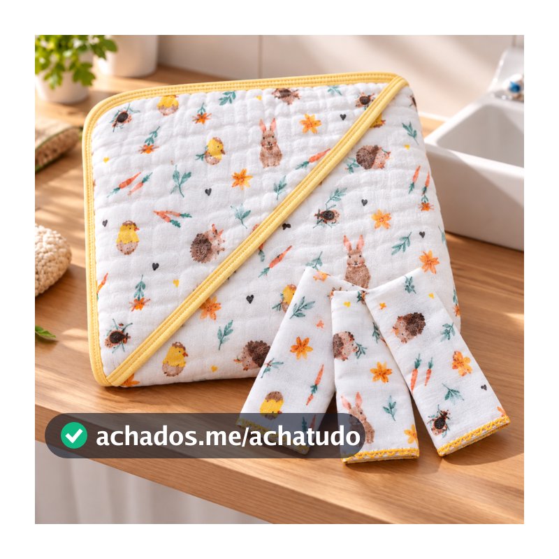 Kit 1 Toalha Banho Soft Bebe Capuz Fralda Grossa + 3 paninhos boca 100% Algodão Menino Menina