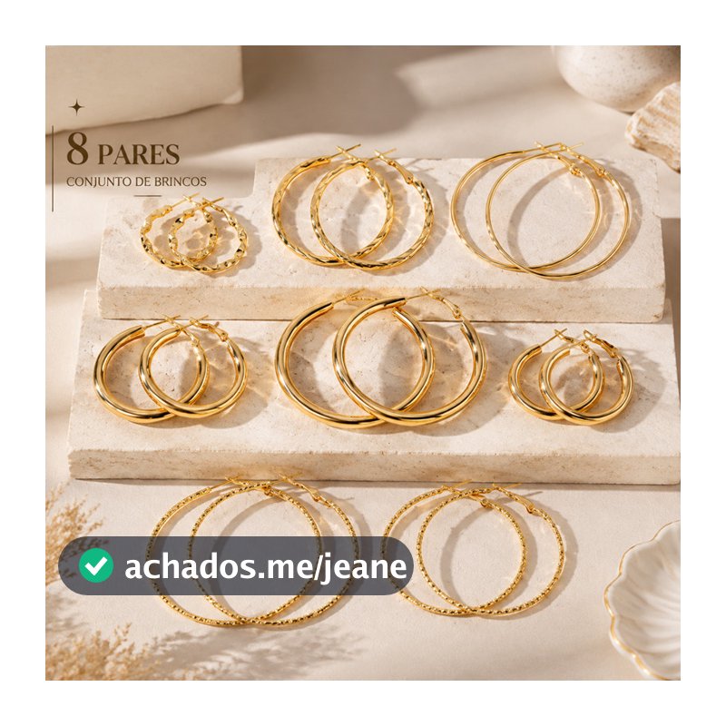 Kit com 8 Pares de Brincos Argola Diversos Tamanhos Acessório Minimalista para Uso Diário e Trabalho