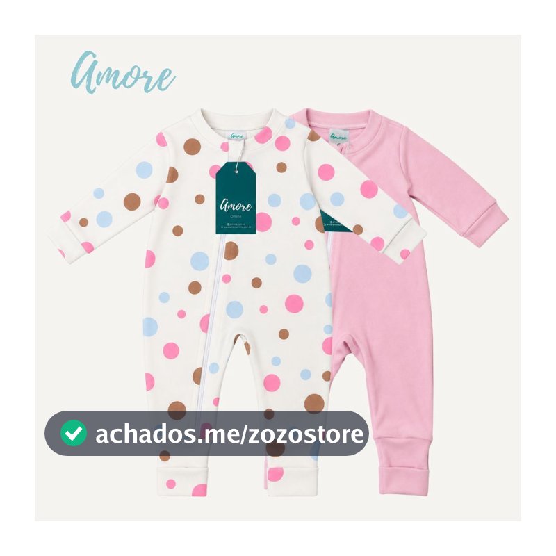 Roupa Para Bebê Kit 2 Macacão Amore Vira Pé Bolinha Rosa e Rosa 100% Algodão