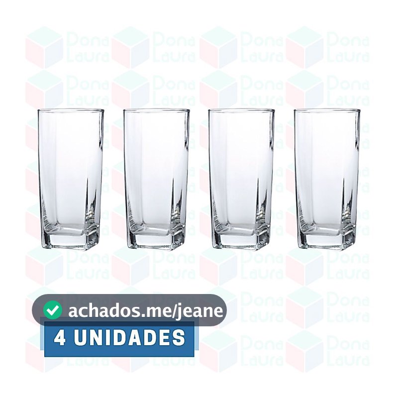 Copo Vidro 320ml Quadrado Bali Jogo com 4 Transparente Luxo