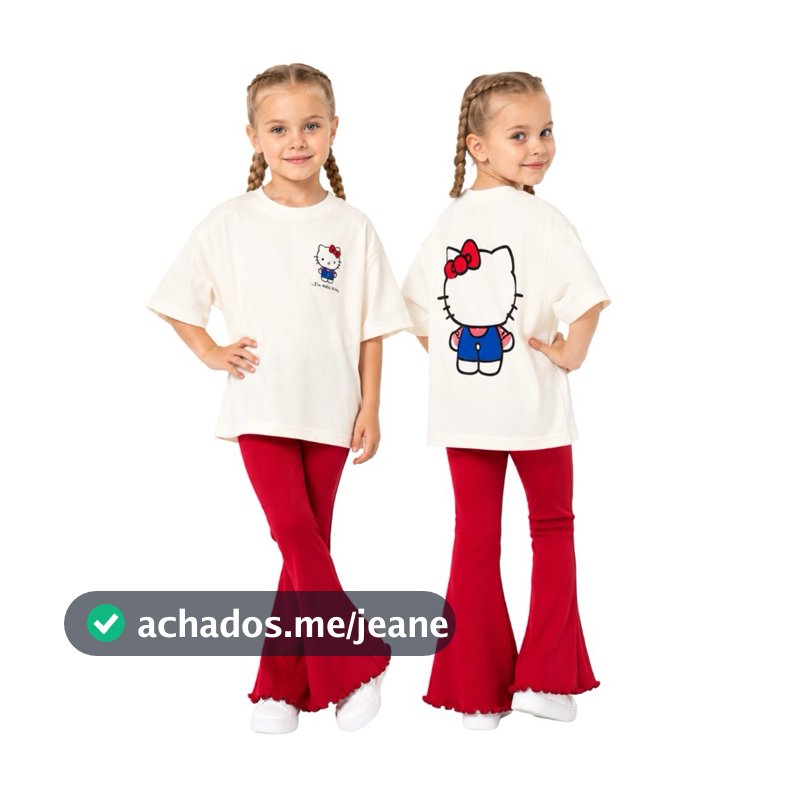 Conjunto Infantil Feminino Oversized Algodão Penteado + Calça Flare Canelada Menina 2 ao 12