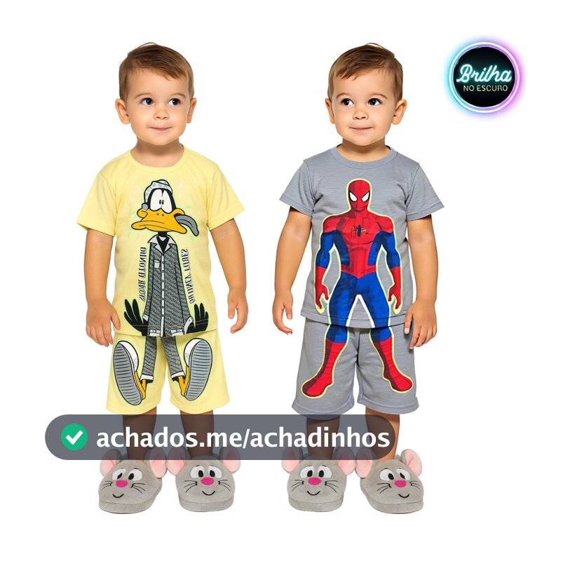 Conjunto Pijama Brilha no Escuro Personagens Menino Infantil Mickey Homem Aranha Malha Levinha