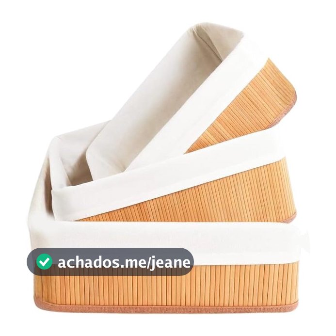 Vittak Kit 3 Cestos de Bambu Conjunto c/ Tecido Forro em Algodão Cesto Organizador Multiuso