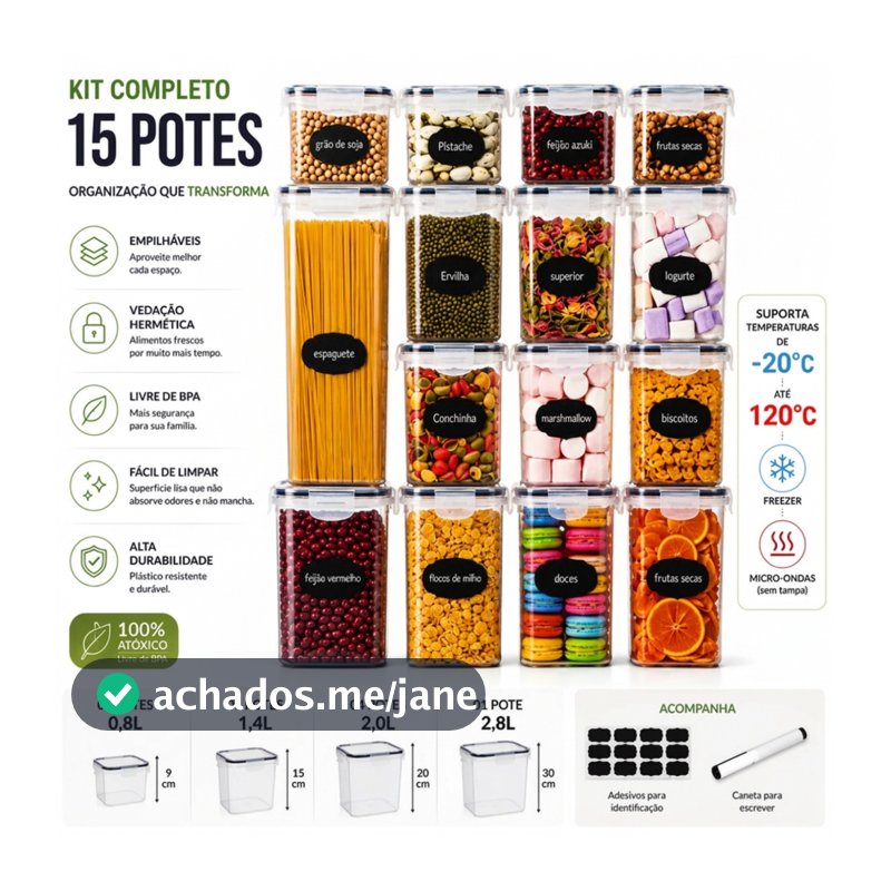Kit 15 Potes Hermético Cadencia Mantimentos Quadrado Freezer Micro-ondas 22,4L Com Adesivos e Canetinha