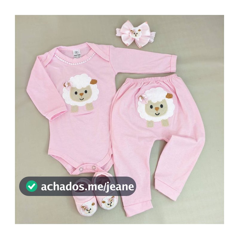 Conjunto Body Bebe Menina com Calca Tiara e Sapatinho do Tema Ovelhinha