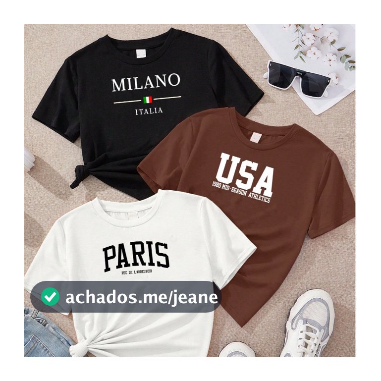 Kit 3 Camiseta feminina de algodão 3 Milano Itália USA Paris blusa marrom preta Camisa Estilosa