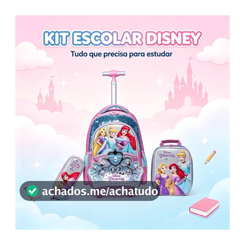Kit Escolar Mochila Rodinhas Princesas Disney Lancheira Estojo Menina