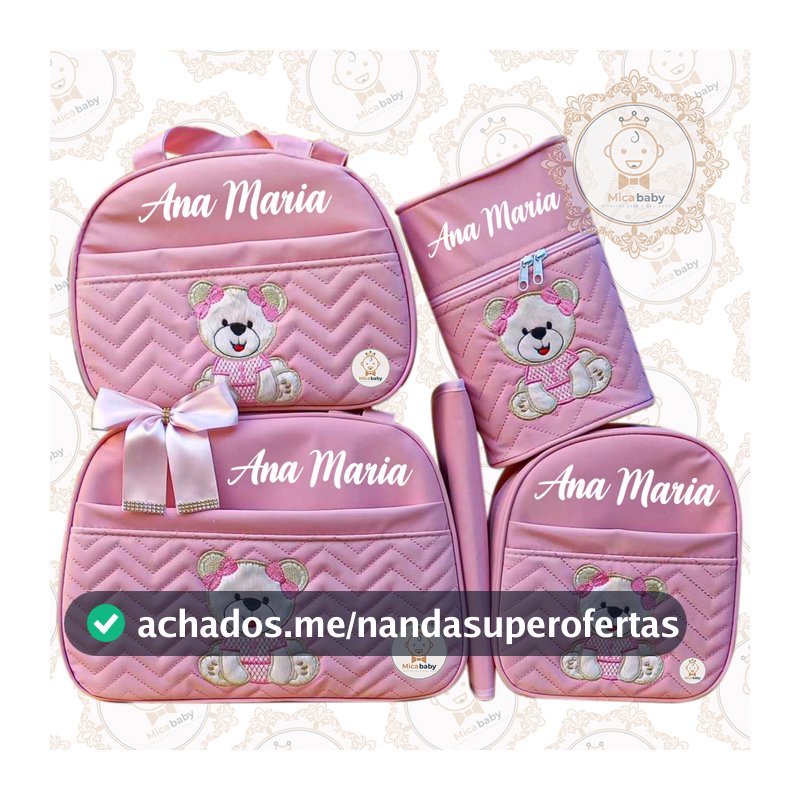 Bolsa maternidade Kit 5 Peças Personalizado Nome do Bebe Urso Sentado Luxo Impermeável Enxoval