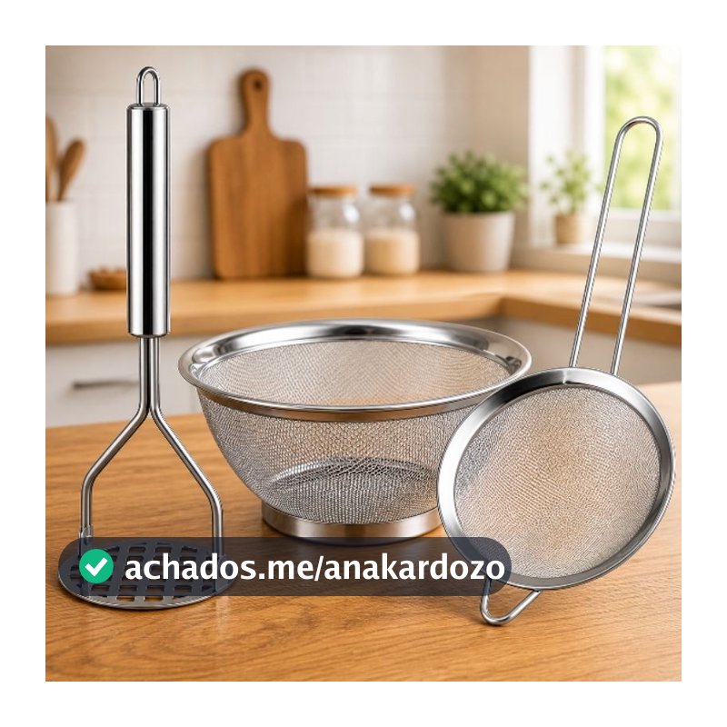 Kit Cozinha Inox Peneira + Cesta + Amassador Resistente Multiuso