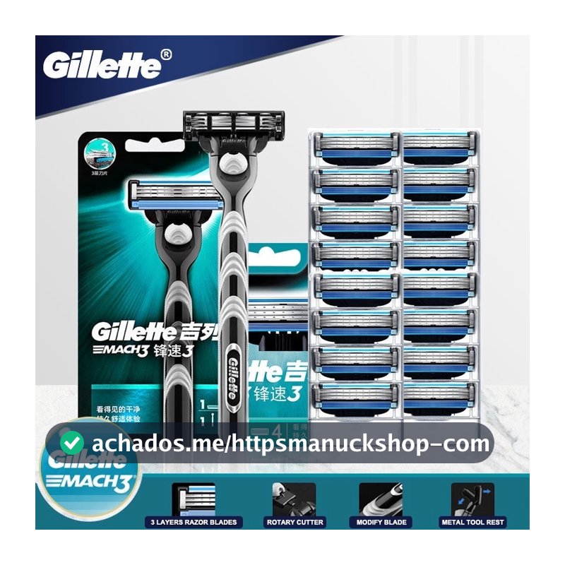 Lâminas de Barbear Gillette Mach3, Pacote com 3 Lâminas de Camada