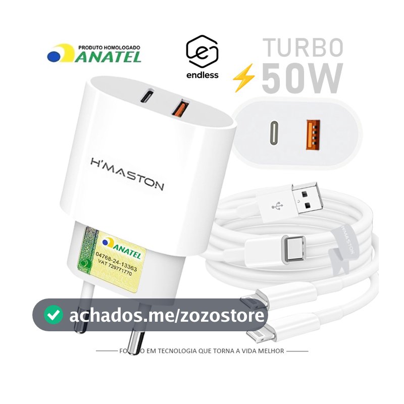Carregador Turbo 2 Saídas Fonte 50W 2 Entradas USB e USB-C com Cabo Lightning Ultra Rápido